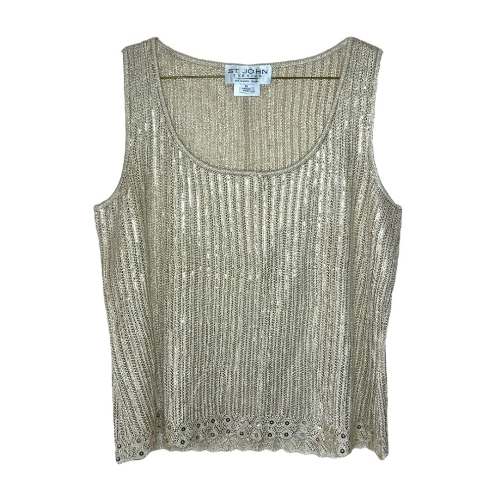 Vintage Early 2000s St. John Evening By Marie Gray Sheer Gold Sparkly Knit Top M